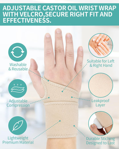 Castor Oil Pack Wrap for Wrist – Carpal Tunnel Relief, Adjustable Wrist Support
