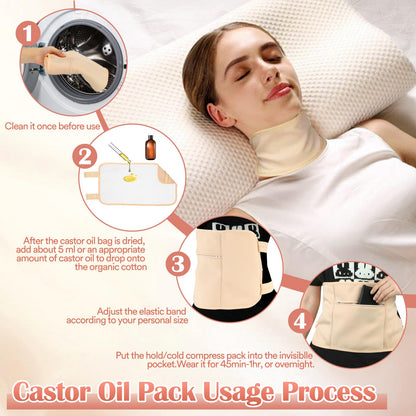 Castor Oil Pack Wrap - 8 Pcs, Reusable Organic Cotton with Adjustable Straps (Khaki)
