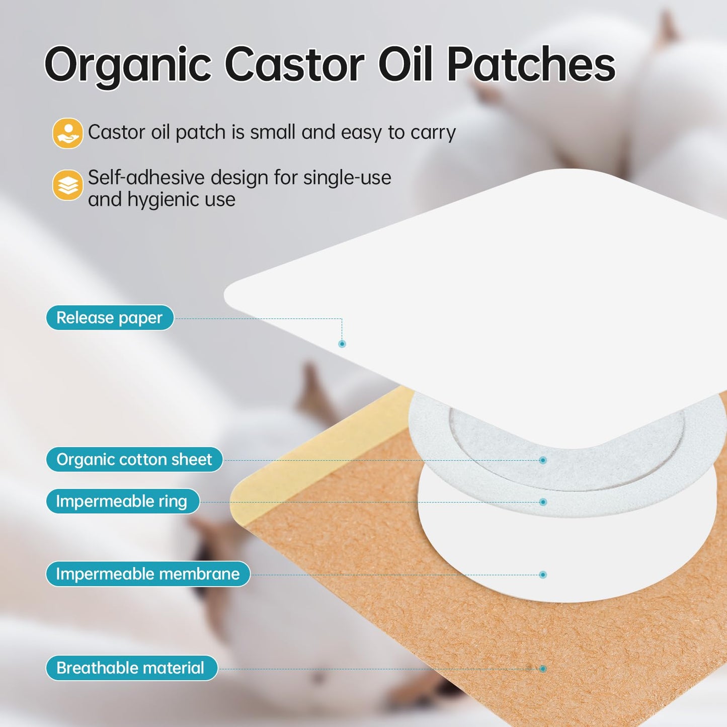 Organic Castor Oil Patches Kit – 50 Pack, 8oz Cold-Pressed, Hexane-Free