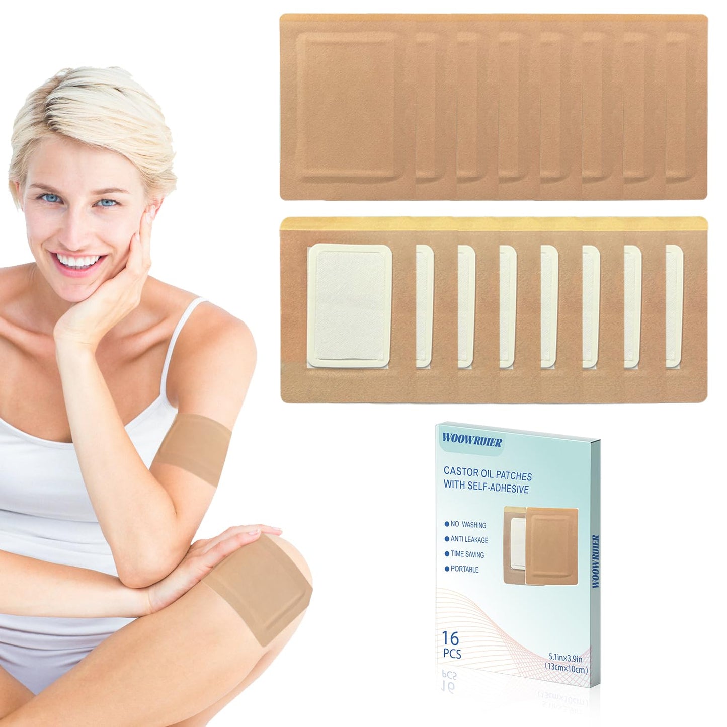 16 Pcs Castor Oil Patches – Disposable Castor Oil Packs (5.1 x 3.9 in) with Anti-Leakage Cotton (Oils Not Included)