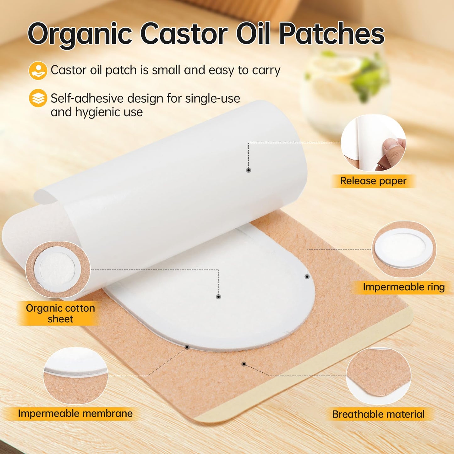Castor Oil Patches 40-Pack (Medium) – Self-Adhesive, Leak-Free Castor Oil Pack for Stomach & Liver Detox