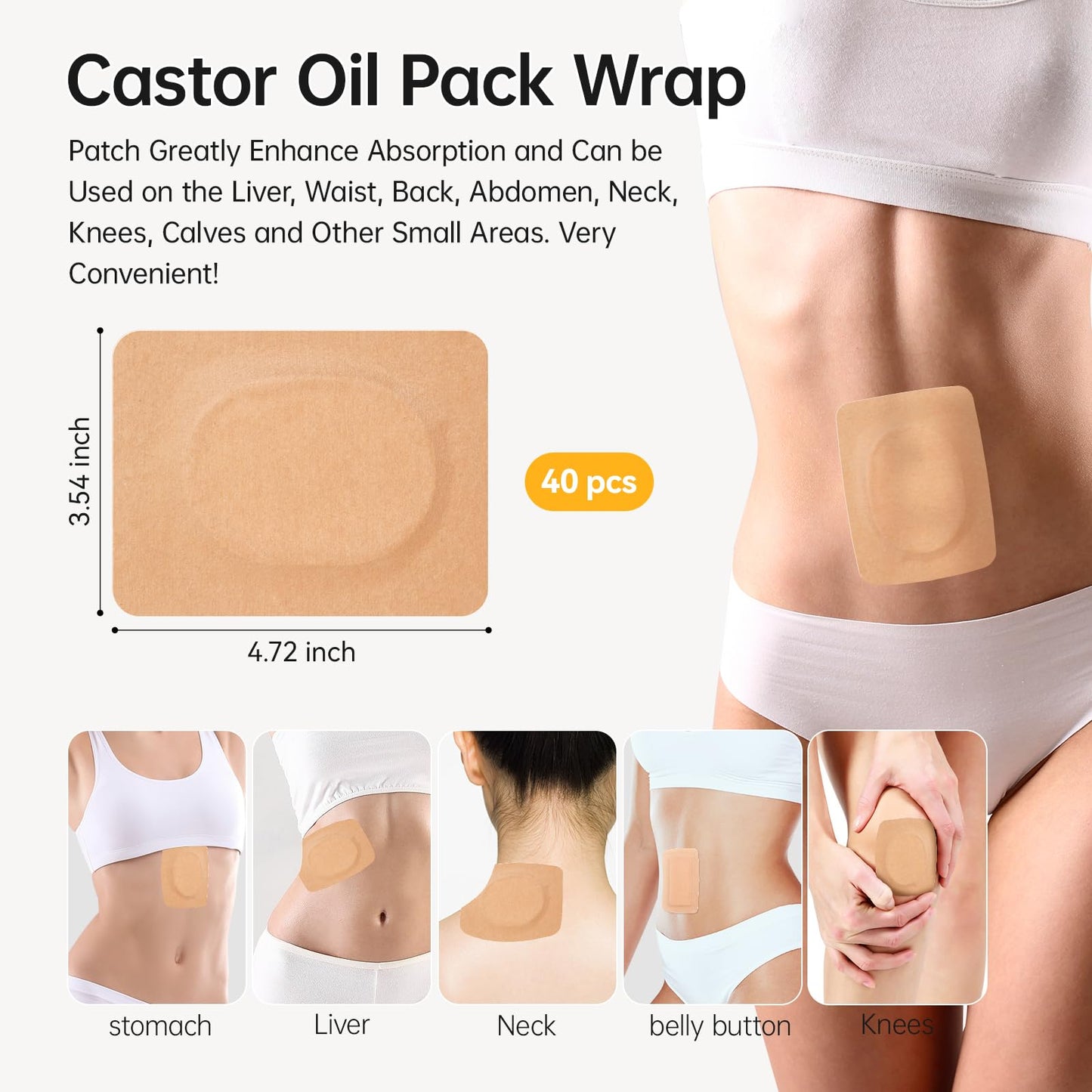 Castor Oil Patches 40-Pack (Medium) – Self-Adhesive, Leak-Free Castor Oil Pack for Stomach & Liver Detox