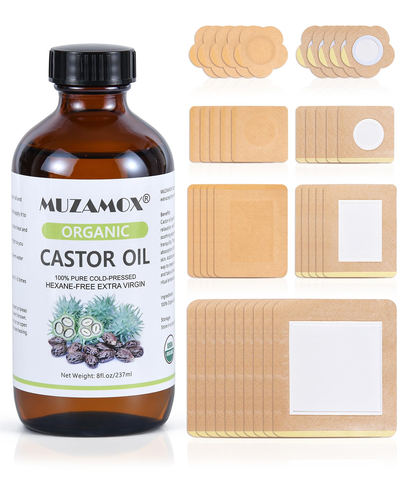 Castor Oil Patches Disposable 40 Pcs – Organic Castor Oil Pack Wrap with 8oz Amber Glass Bottle Included for Liver, Stomach, Neck