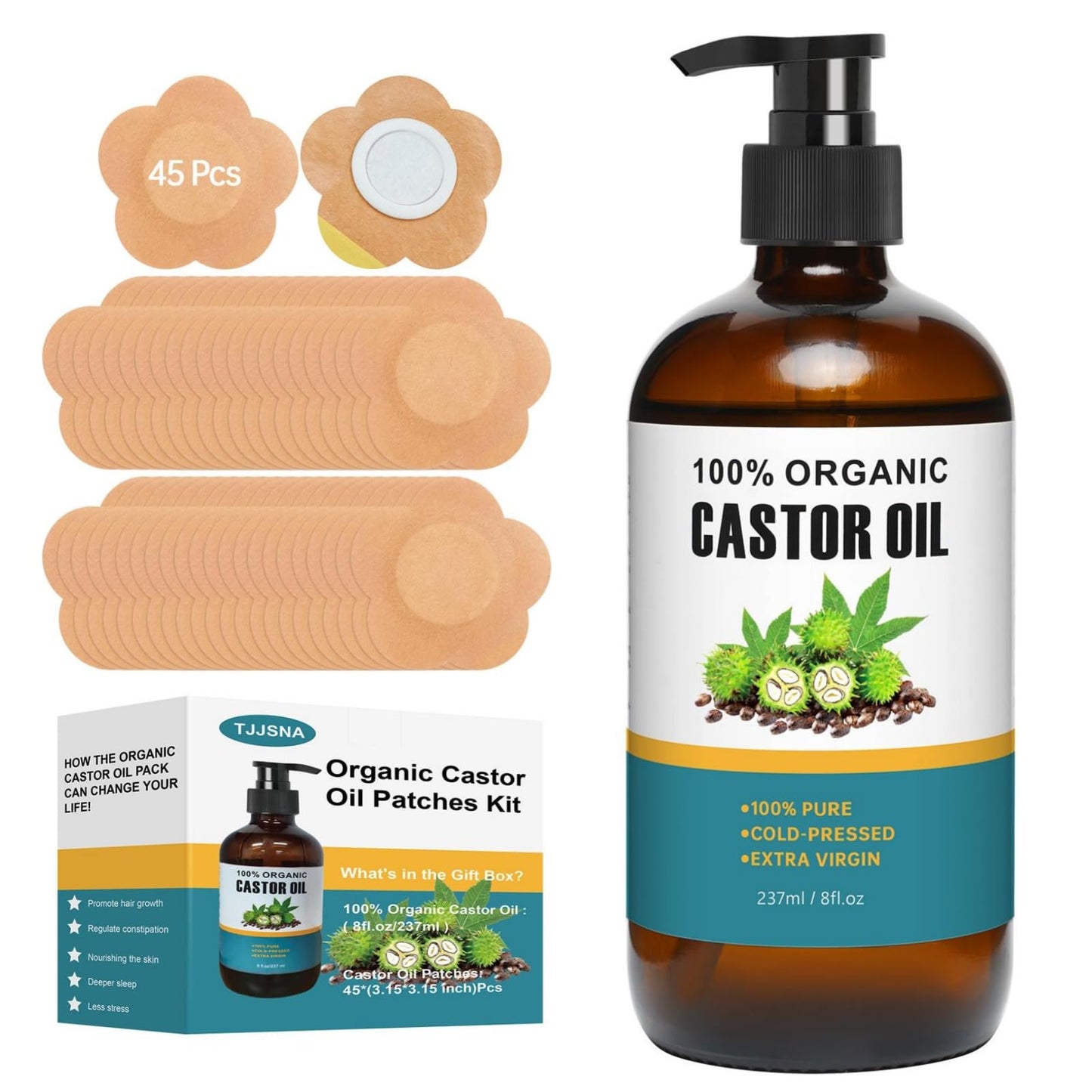45 Pack Castor Oil Patches Kit - 8 oz Organic Cold-Pressed, Hexane Free