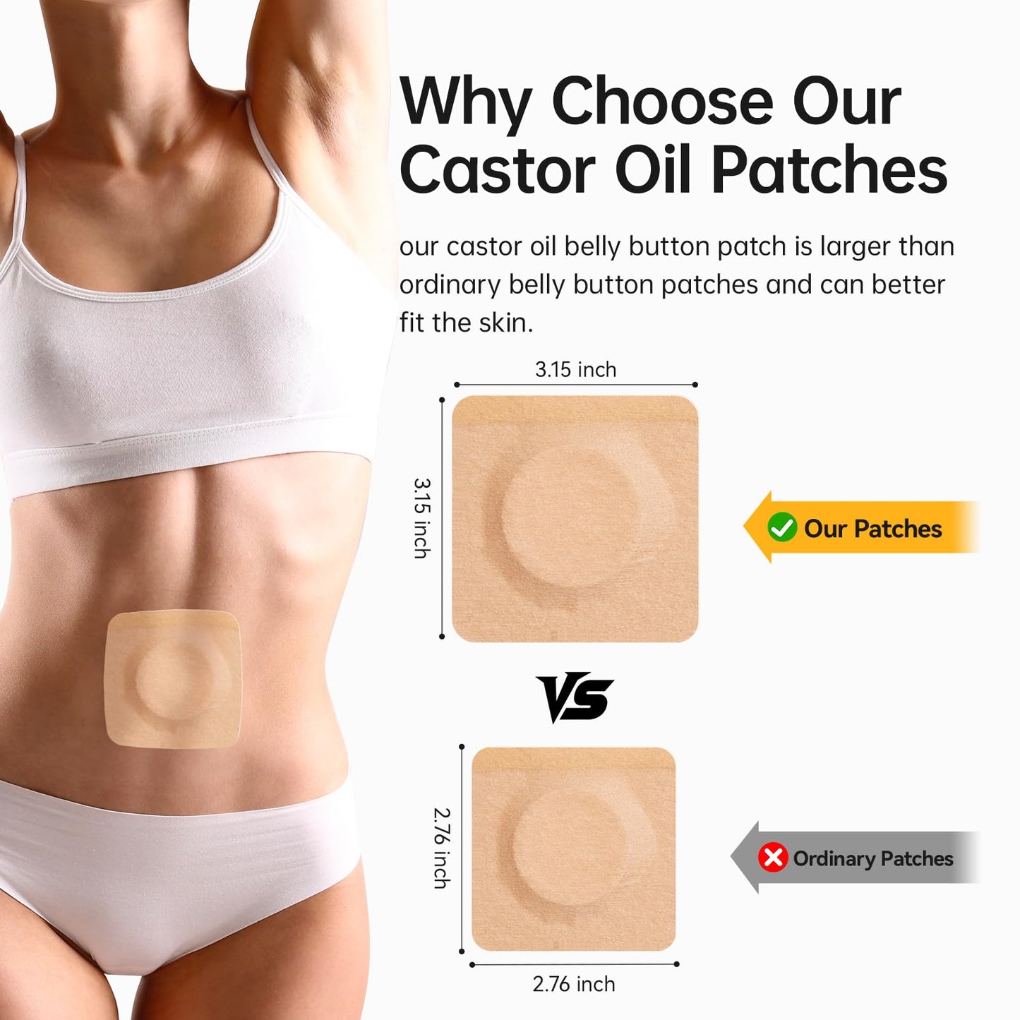Castor Oil Patches 50-Pack (Small 3.15 x 3.15) – Self-Adhesive, Leak-Free, Organic Cotton Pack for Stomach & Liver Detox