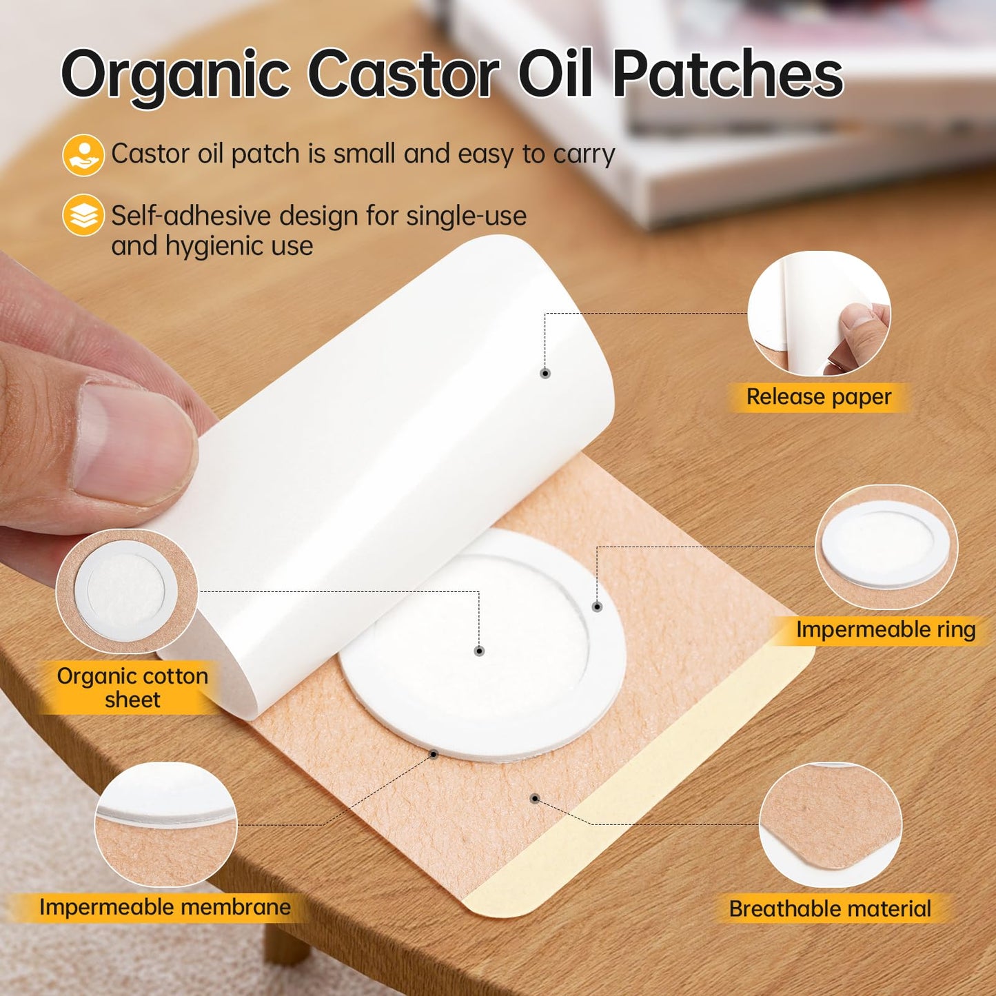 Castor Oil Patches 50-Pack (Small 3.15 x 3.15) – Self-Adhesive, Leak-Free, Organic Cotton Pack for Stomach & Liver Detox