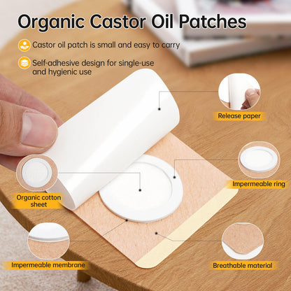 Castor Oil Patches 50-Pack (Small 3.15 x 3.15) – Self-Adhesive, Leak-Free, Organic Cotton Pack for Stomach & Liver Detox