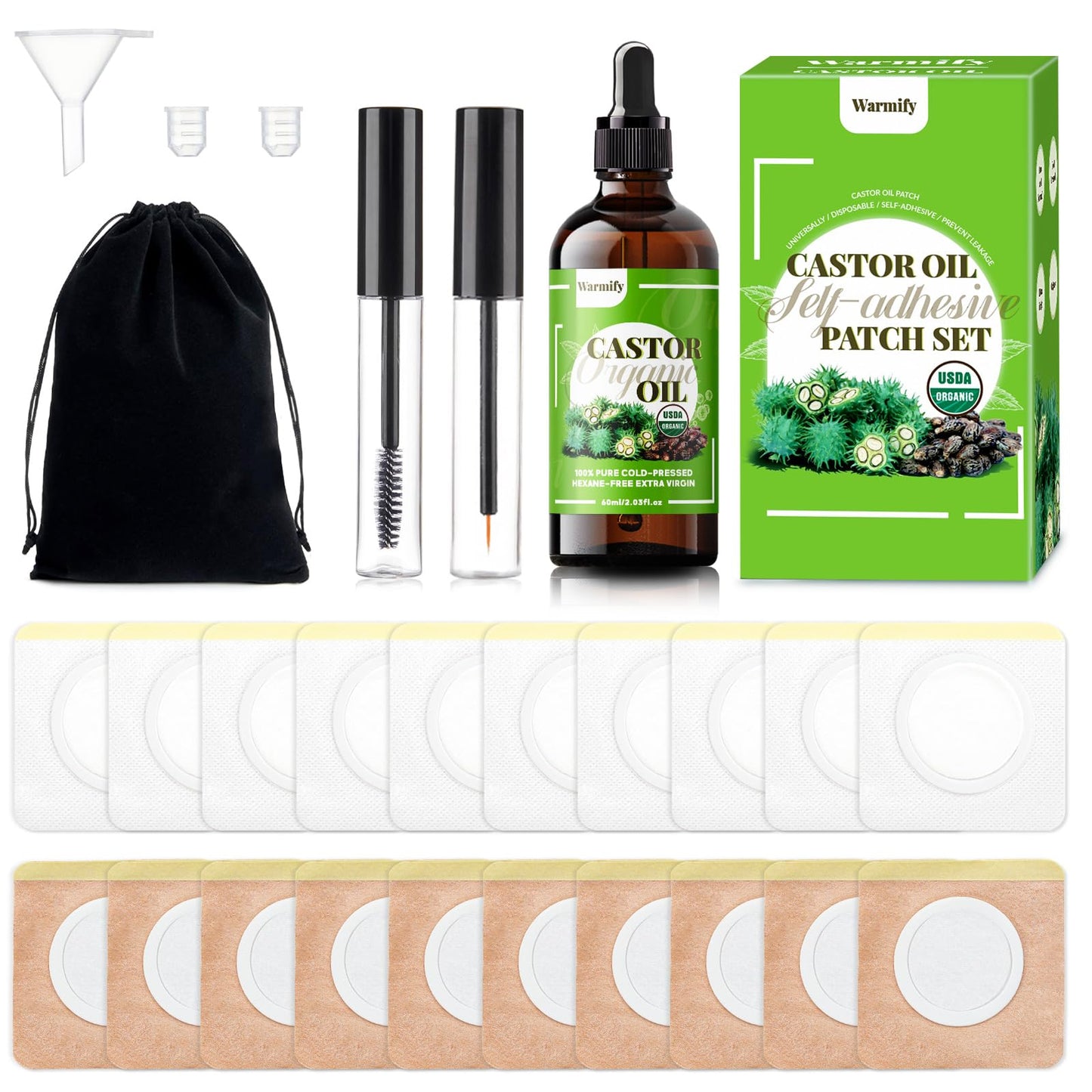 20 Pcs Castor Oil Patches Kit - Organic Cold-Pressed Oil in Glass Bottle (2.03oz) - Eyelash Care