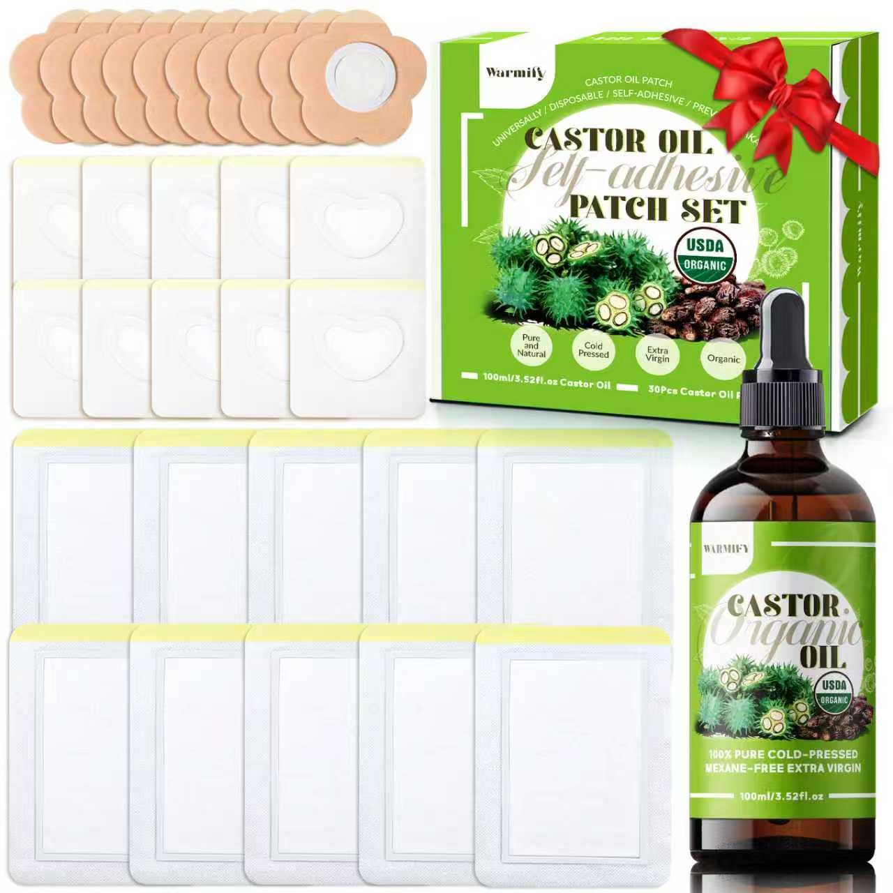 Castor Oil Patches Kit – Organic Cold-Pressed Castor Oil, 3.5oz Bottle + 30 Self-Adhesive Patches