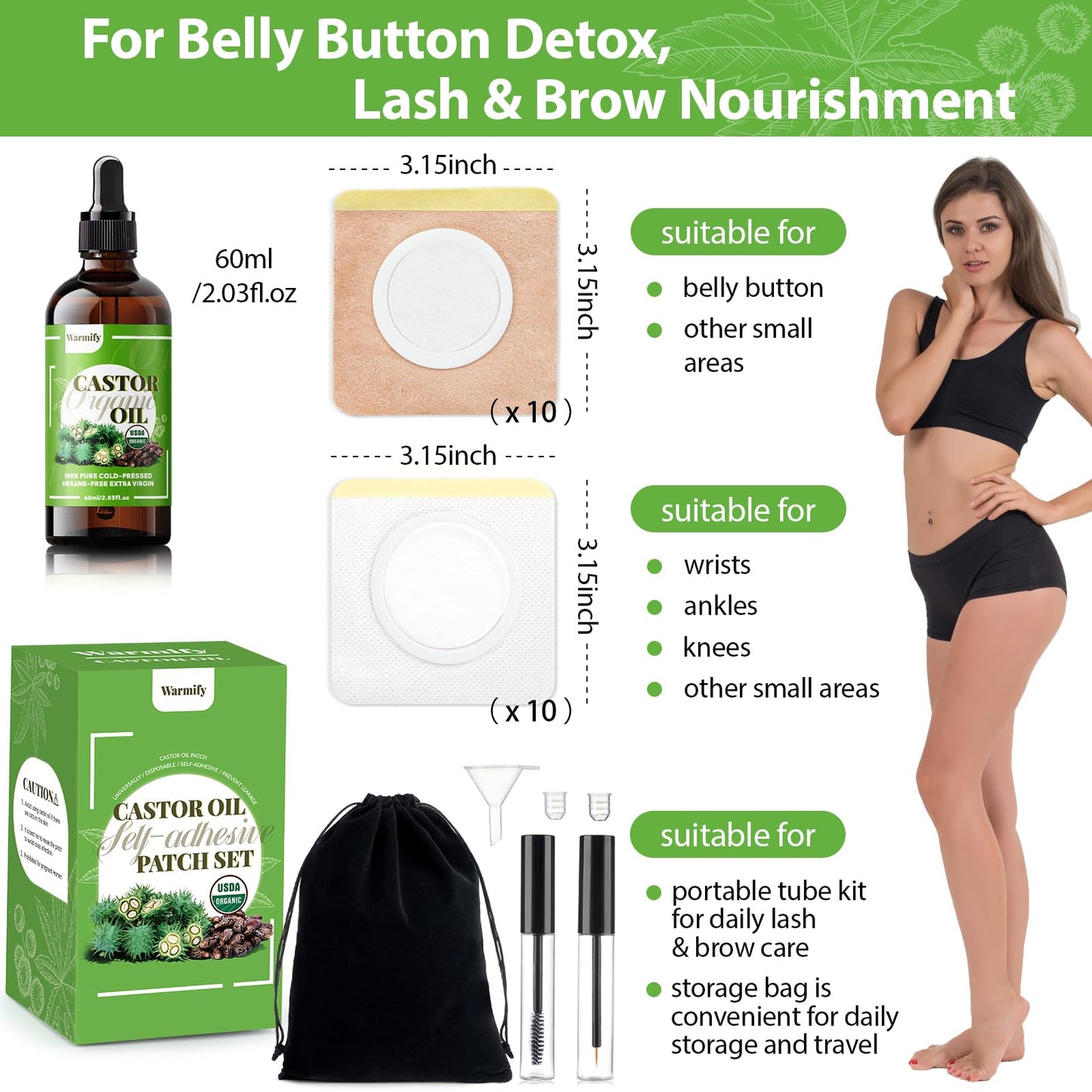20 Pcs Castor Oil Patches Kit - Organic Cold-Pressed Oil in Glass Bottle (2.03oz) - Eyelash Care