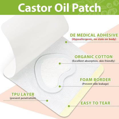 Castor Oil Patches Kit – Organic Cold-Pressed Castor Oil, 3.5oz Bottle + 30 Self-Adhesive Patches