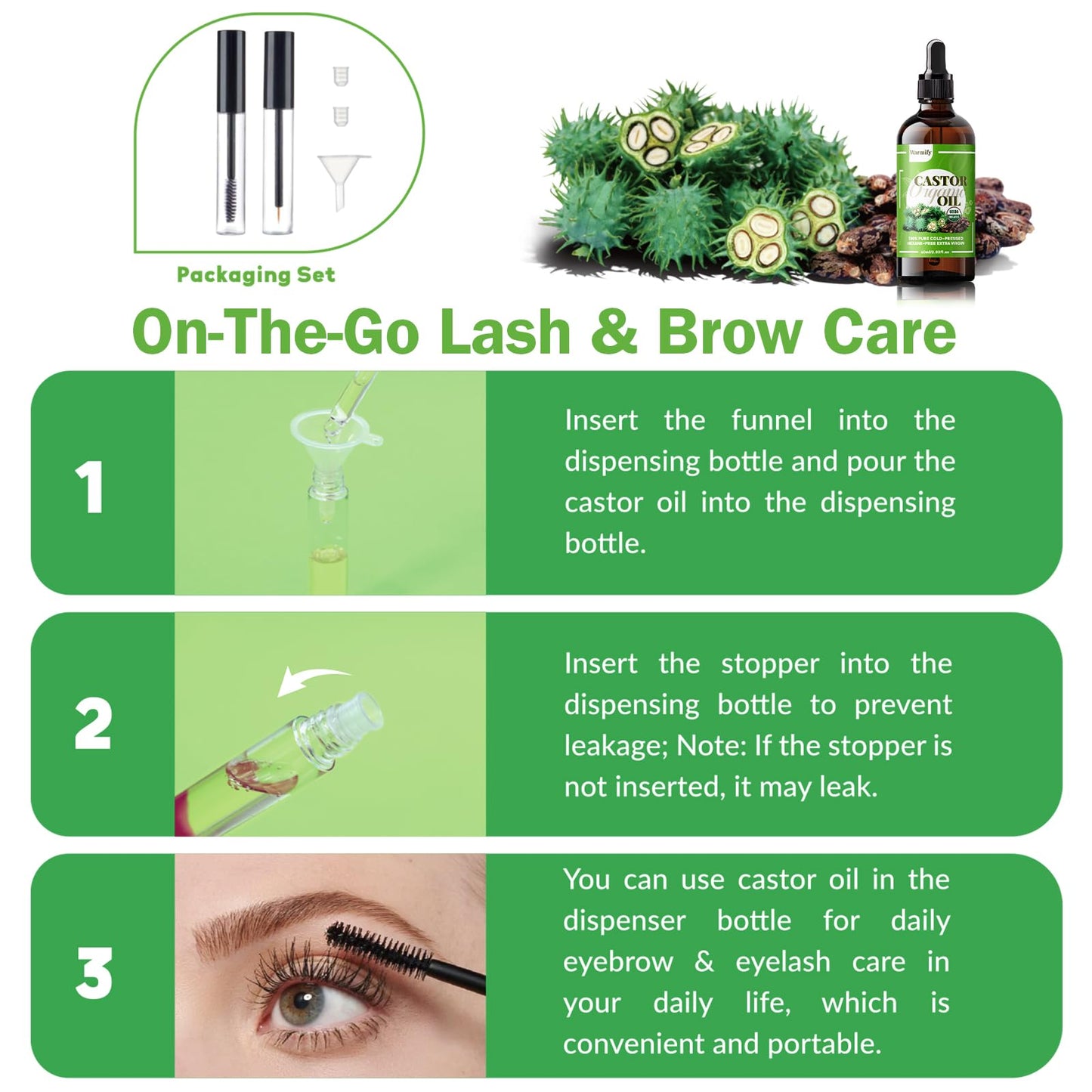 20 Pcs Castor Oil Patches Kit - Organic Cold-Pressed Oil in Glass Bottle (2.03oz) - Eyelash Care