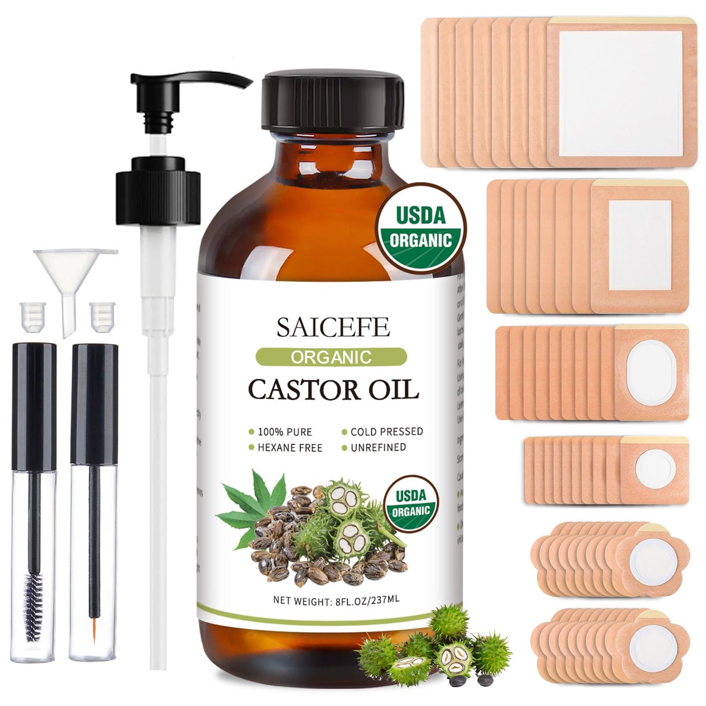 56pcs Castor Oil Patches Kit - Organic Cold-Pressed Castor Oil (8oz) + Eyelash Kit