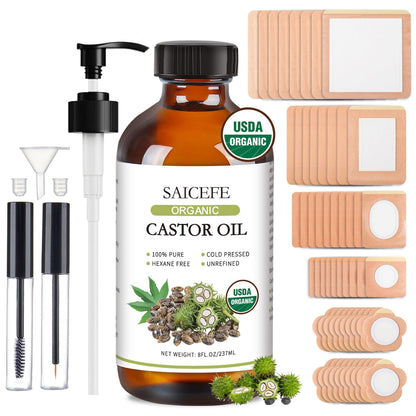 56pcs Castor Oil Patches Kit - Organic Cold-Pressed Castor Oil (8oz) + Eyelash Kit
