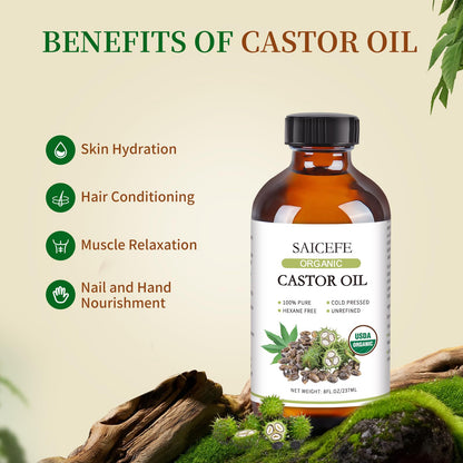 56pcs Castor Oil Patches Kit - Organic Cold-Pressed Castor Oil (8oz) + Eyelash Kit