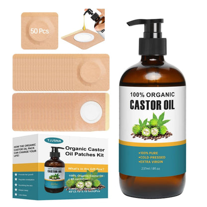 Organic Castor Oil Patches Kit – 50 Pack, 8oz Cold-Pressed, Hexane-Free