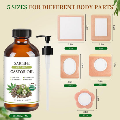56pcs Castor Oil Patches Kit - Organic Cold-Pressed Castor Oil (8oz) + Eyelash Kit