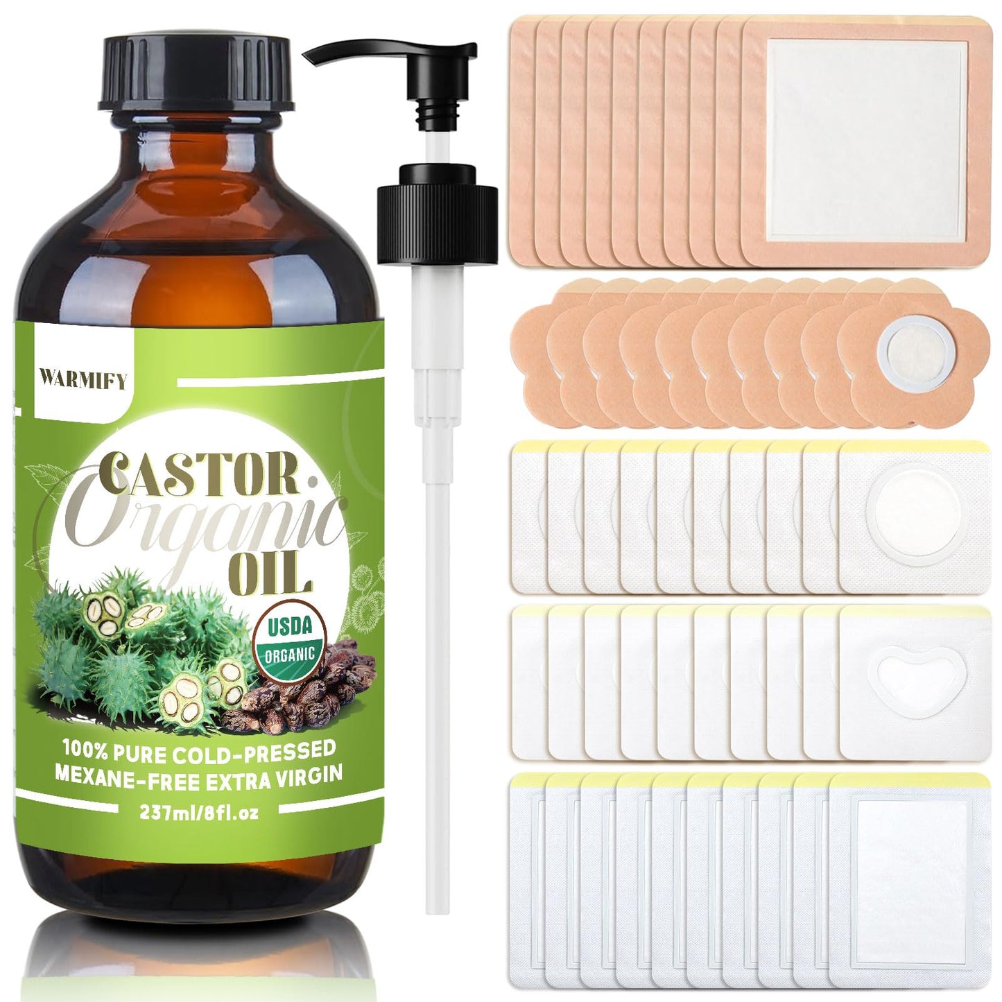 Castor Oil Patches Kit – 50 Patches + 8oz Organic Cold-Pressed Castor Oil