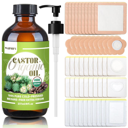 Castor Oil Patches Kit – 50 Patches + 8oz Organic Cold-Pressed Castor Oil