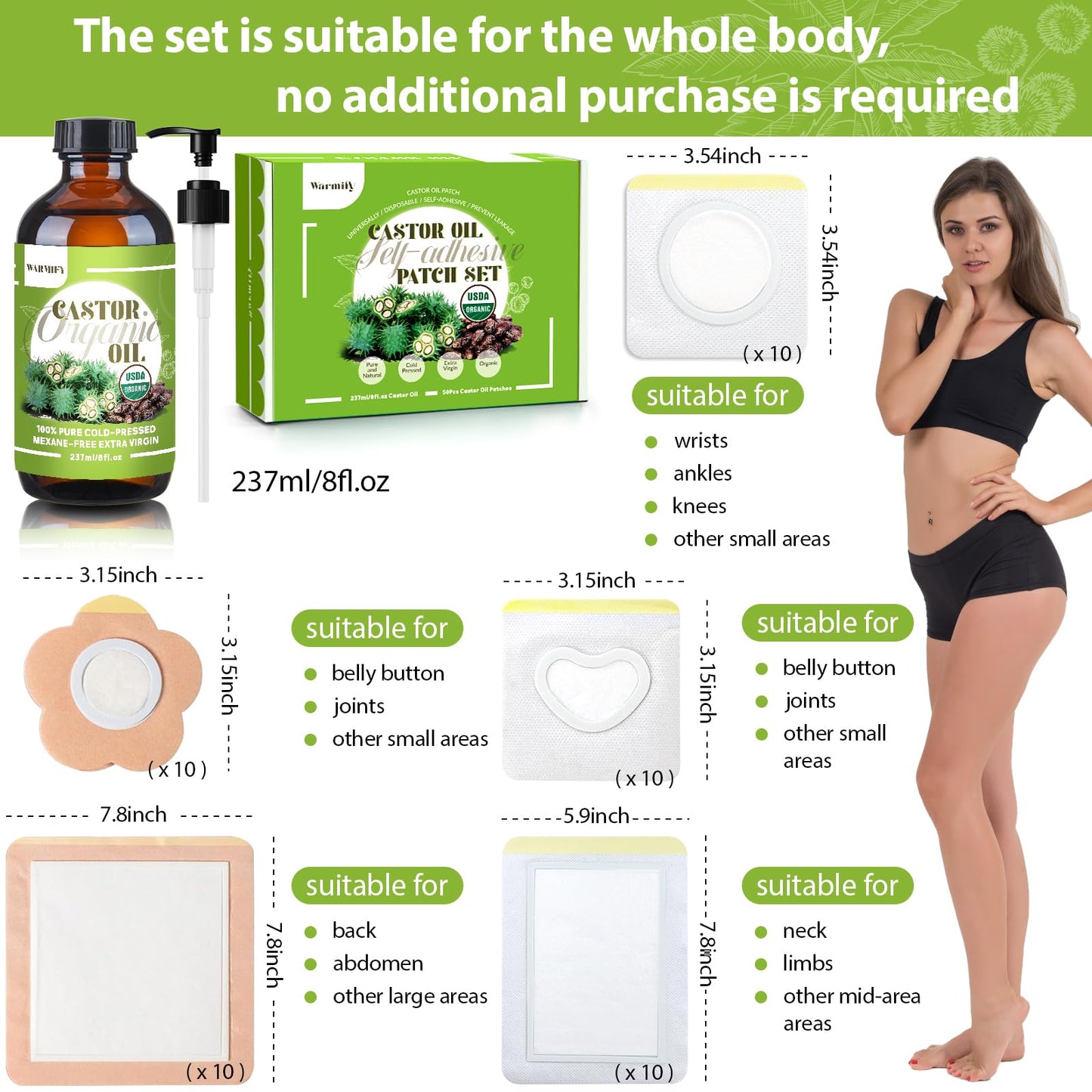 Castor Oil Patches Kit – 50 Patches + 8oz Organic Cold-Pressed Castor Oil