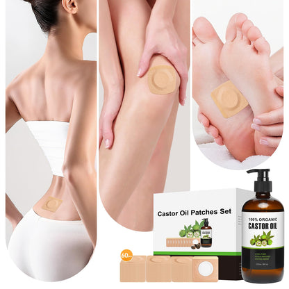 60 Pcs Castor Oil Pack Kit – Self-Adhesive Patches + 8oz Organic Castor Oil