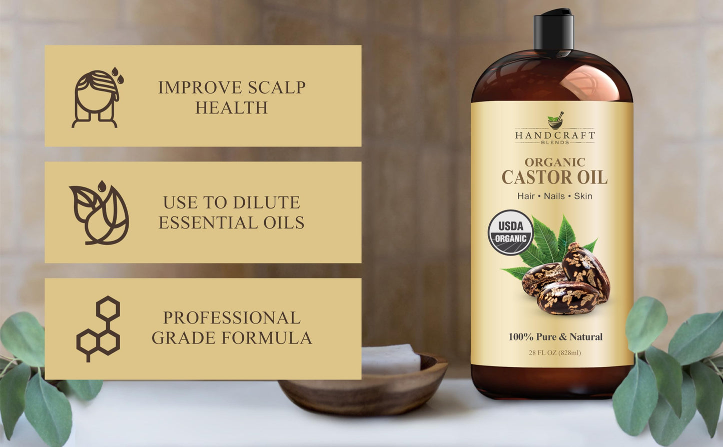 Handcraft Blends Organic Castor Oil 28 Fl Oz - 100% Pure & Natural, Expeller-Pressed, Hexane-Free