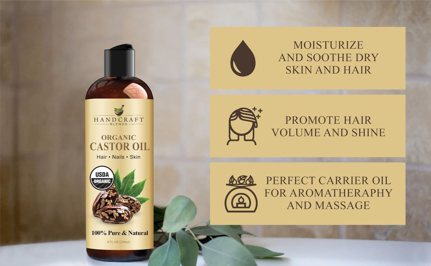 Handcraft Blends Organic Castor Oil 8 Fl Oz | 100% Pure and Natural | Premium Grade Carrier Oil | Hair, Eyelashes and Eyebrows | Hair and Body | Expeller-Pressed | Hexane-Free