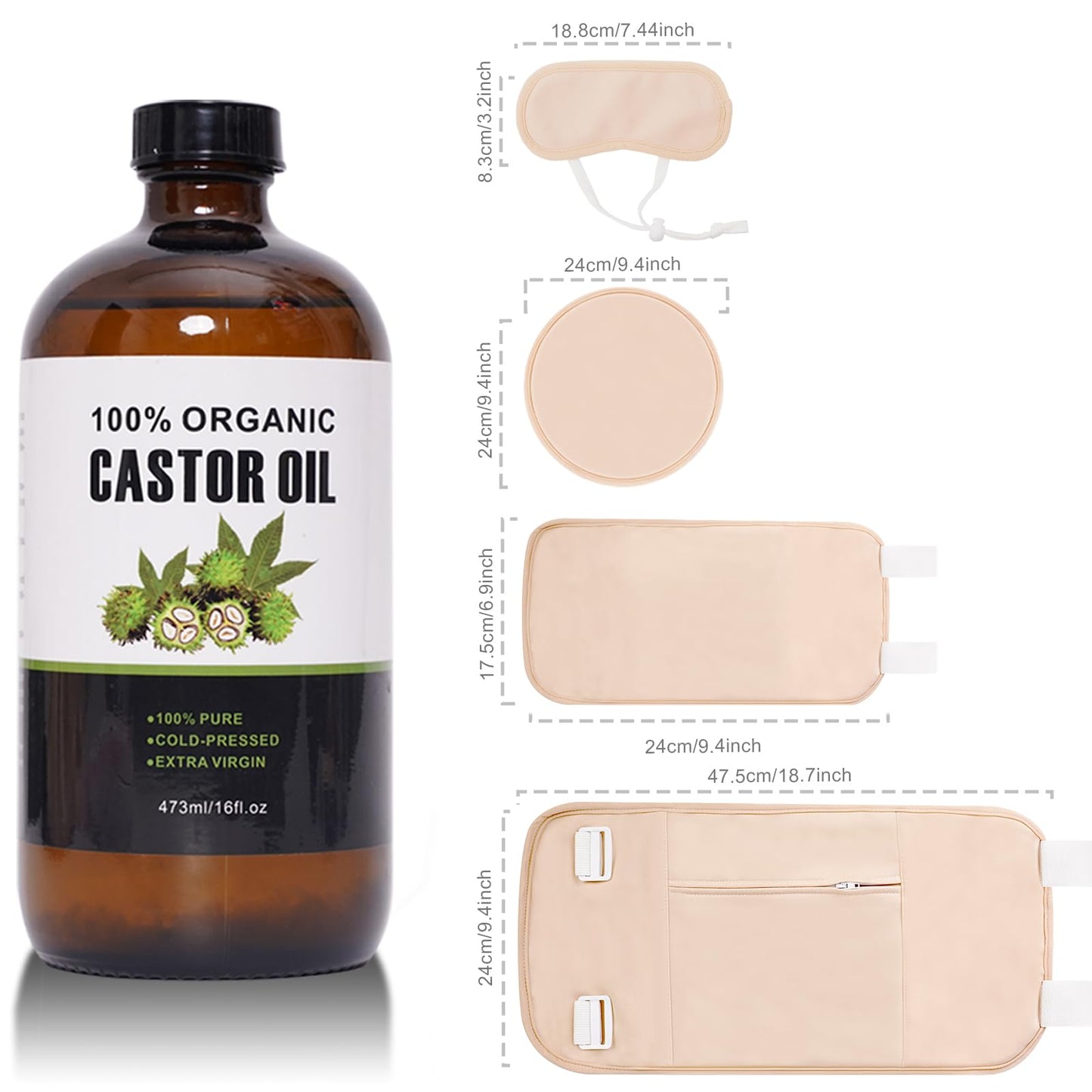 Castor Oil Organic Cold Pressed Unrefined – Glass Bottle 16oz/473ml | 6-Piece Castor Oil Pack Kit