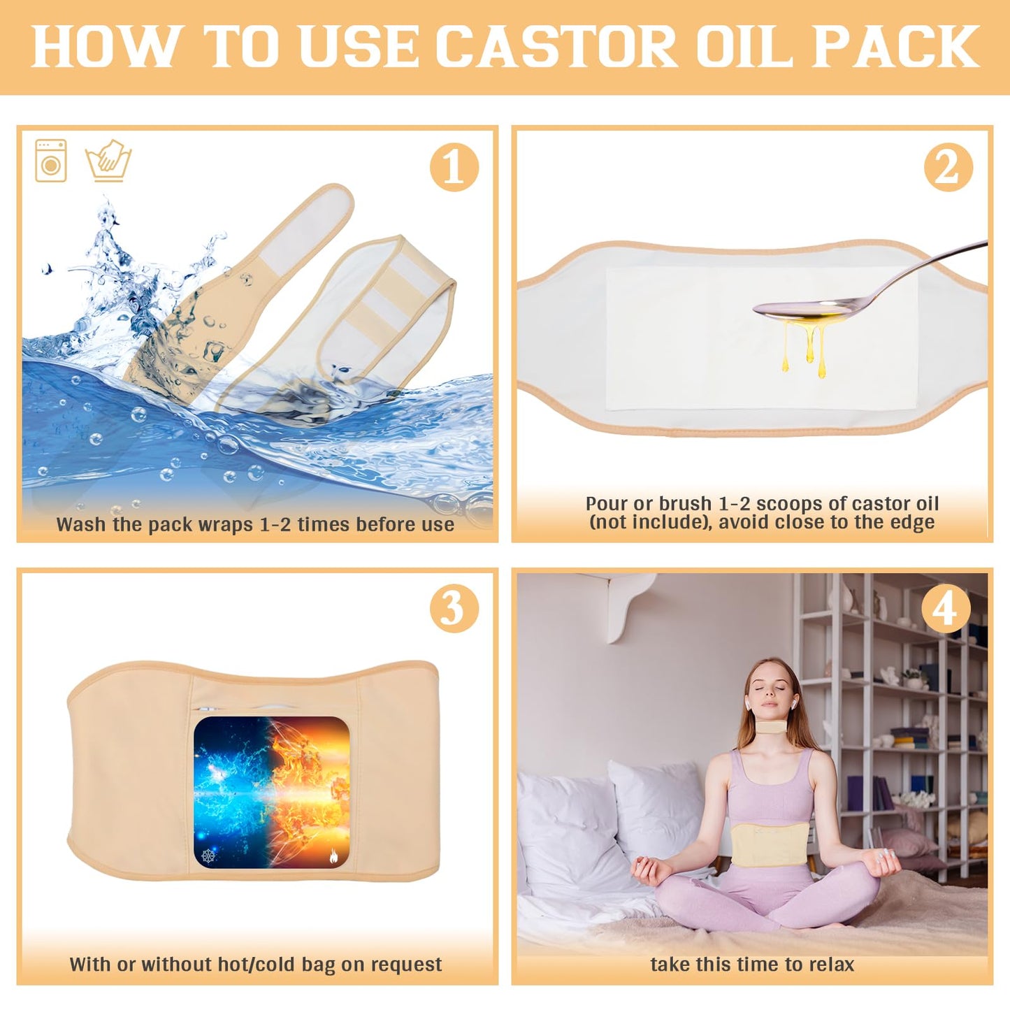 4 PCs Castor Oil Wrap Kit – Reusable Castor Oil Packs, Organic German Cotton