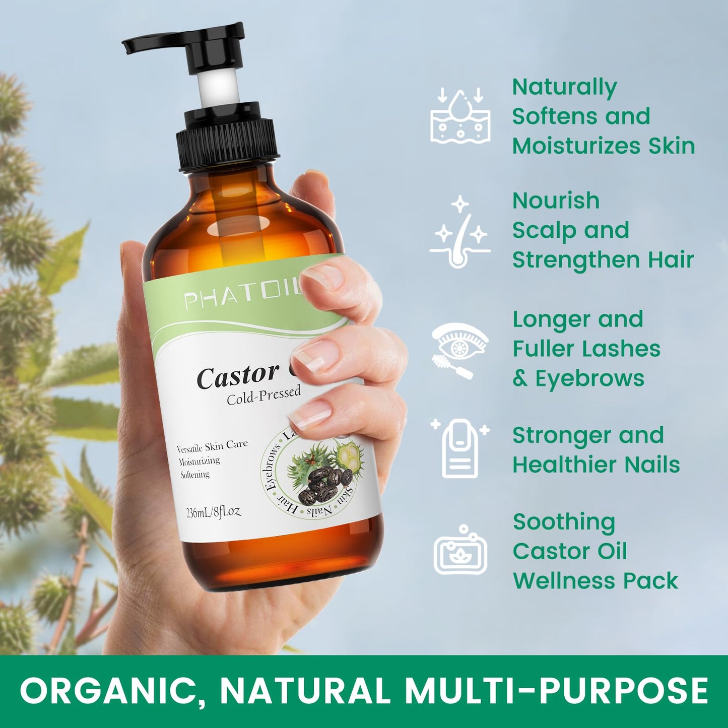 PHATOIL Organic Castor Oil – Cold Pressed in Glass Bottle with Pump, 236 ml (8 fl oz) USDA Organic