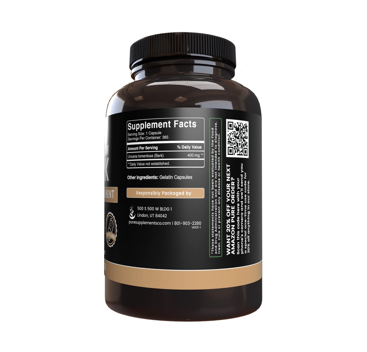 Cat's Claw Bark 365 Capsules | Pure Original Ingredients | Lab Verified