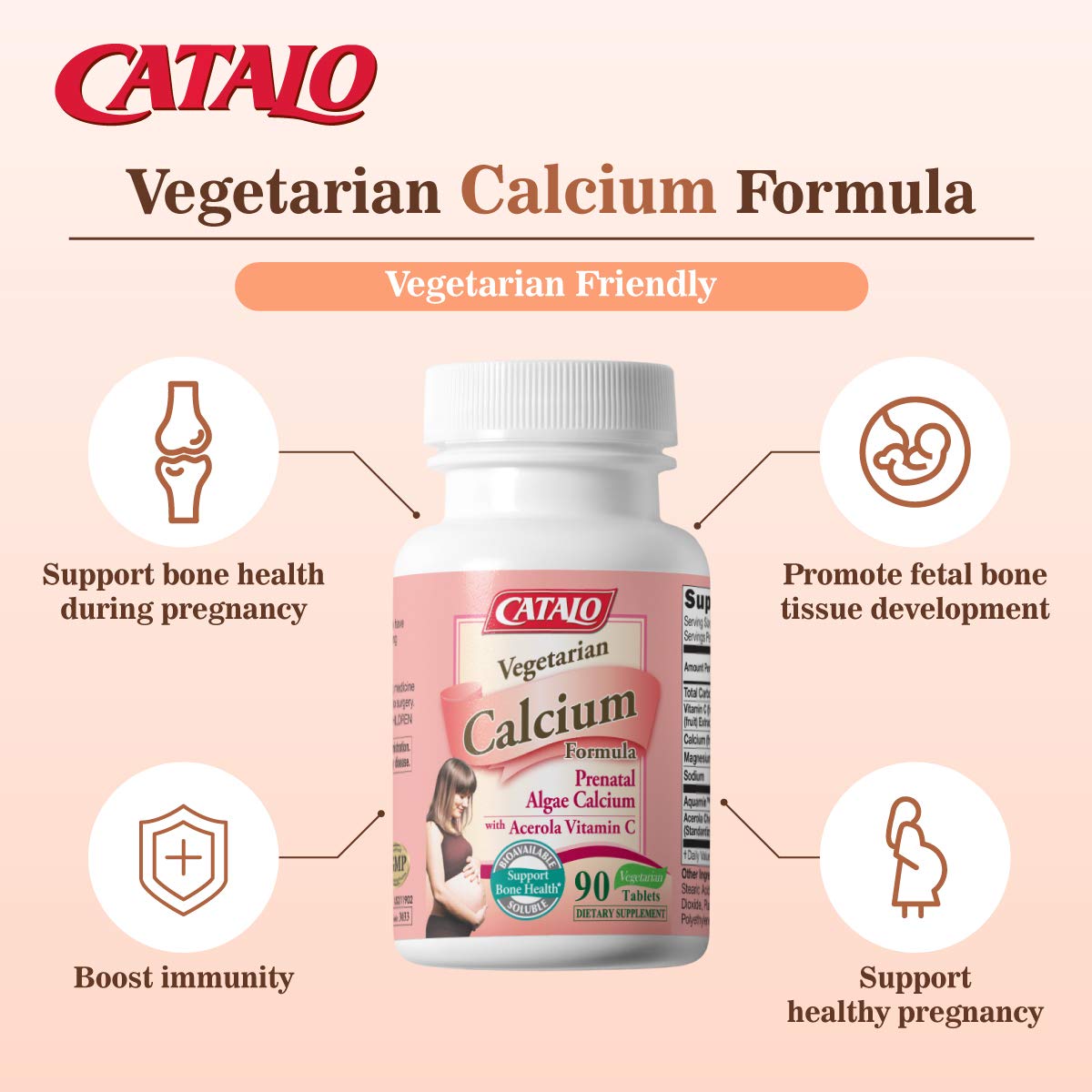 CATALO Vegetarian Calcium for Women - Plant-Based Red Algae Calcium with Magnesium & Vitamin C - 90 Tablets