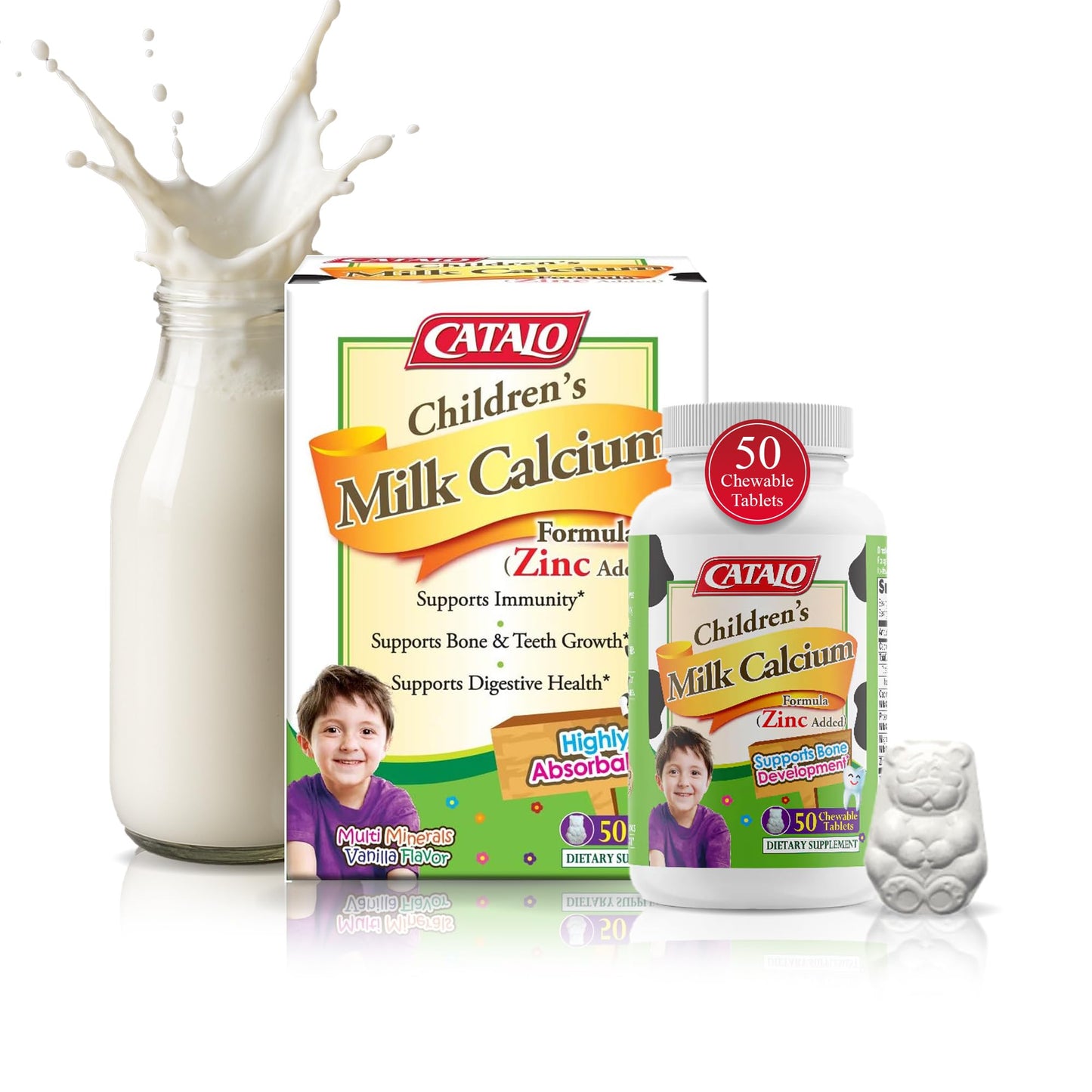 CATALO Toddler Children's Milk Calcium Formula with Zinc Added - Vanilla Flavor, 100 Chewable Tablets