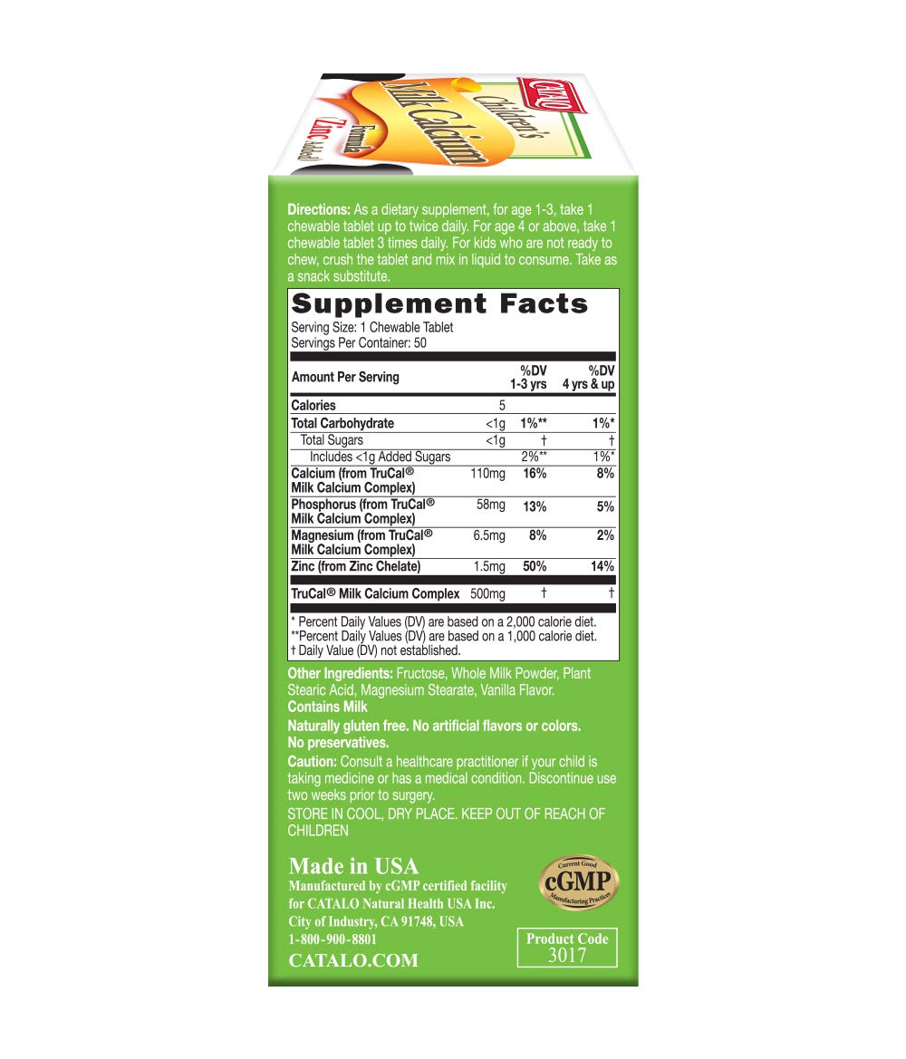CATALO Toddler Children's Milk Calcium Formula with Zinc Added - Vanilla Flavor, 100 Chewable Tablets
