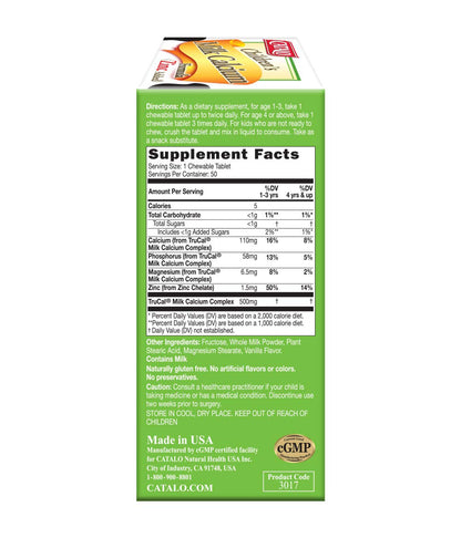 CATALO Toddler Children's Milk Calcium Formula with Zinc Added - Vanilla Flavor, 100 Chewable Tablets