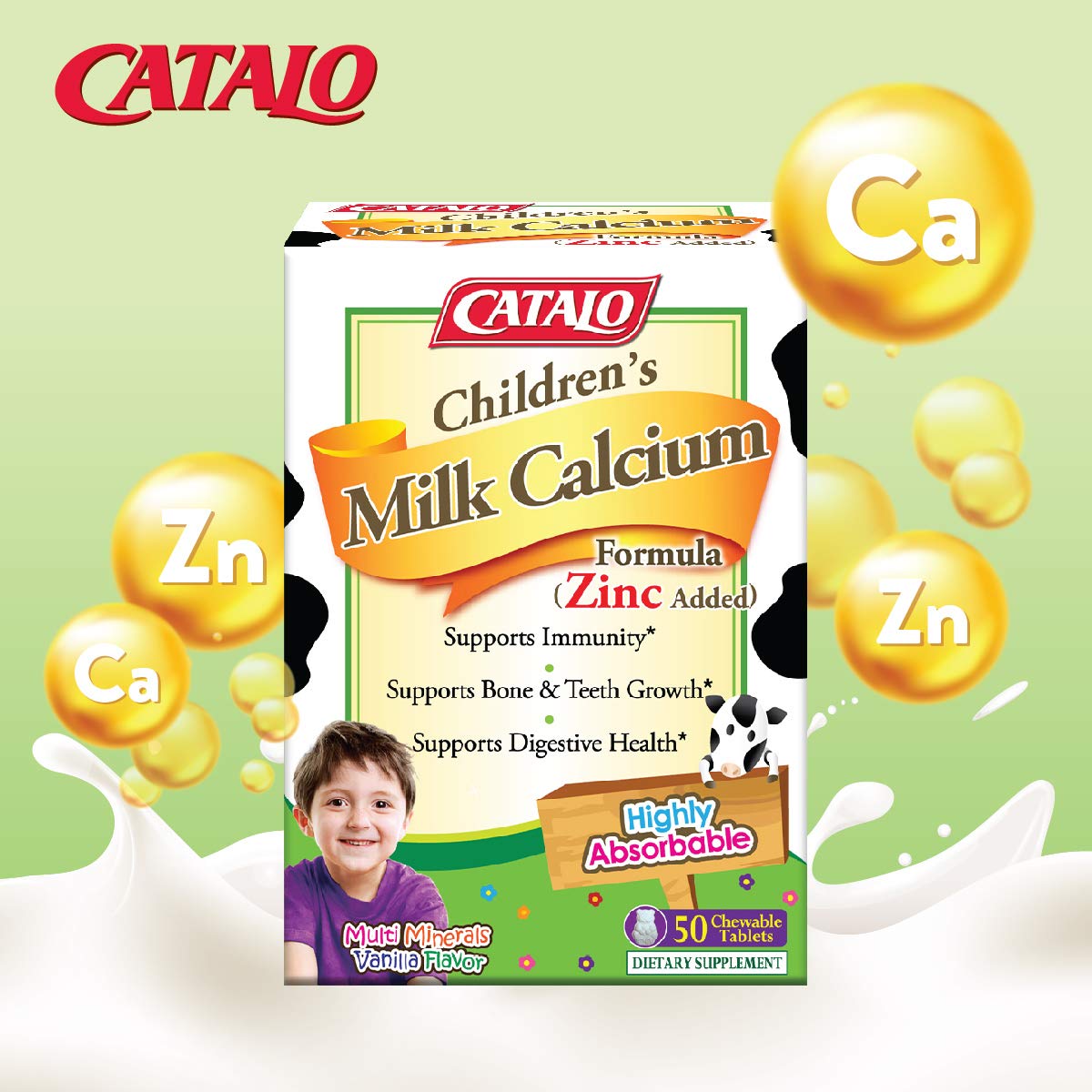 CATALO Toddler Children's Milk Calcium Formula with Zinc Added - Vanilla Flavor, 100 Chewable Tablets