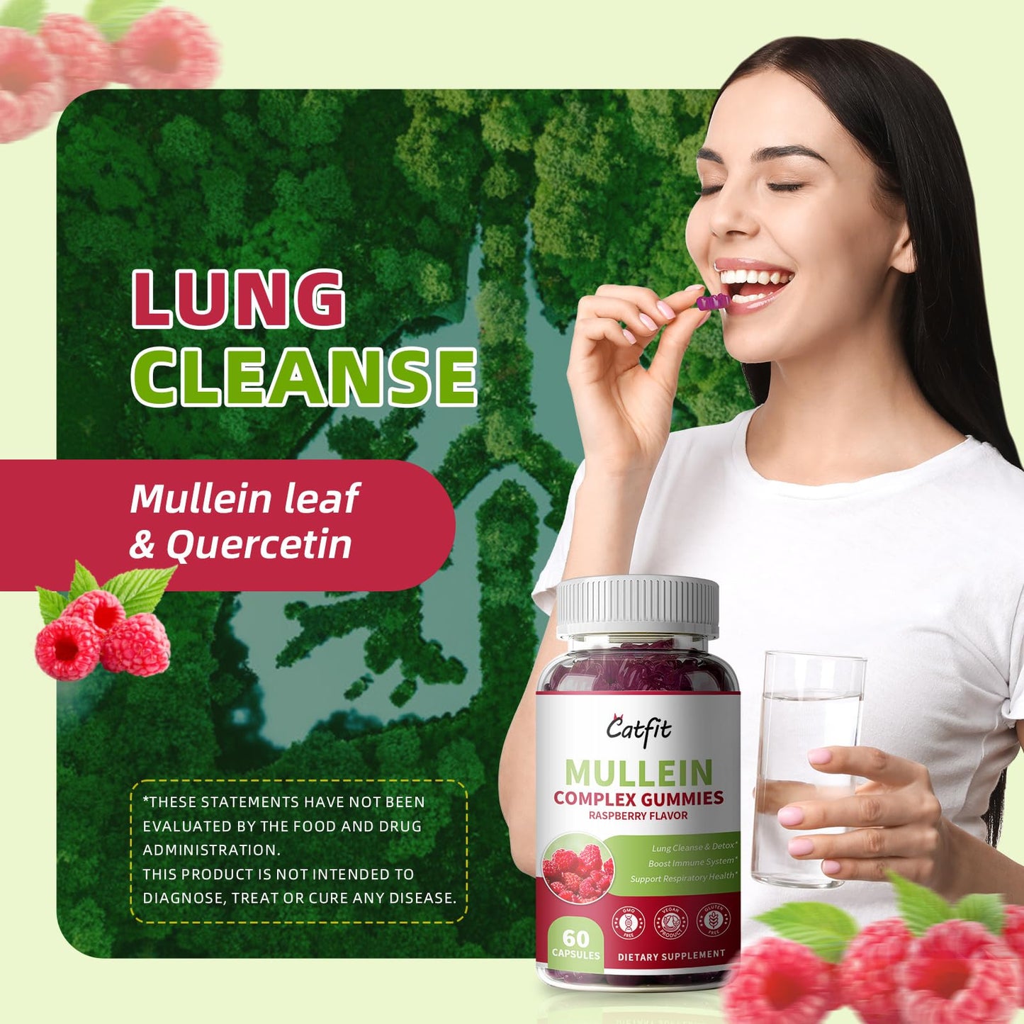 Catfit Mullein Gummies for Lungs – 2 Pack, Raspberry, Quercetin & Elderberry | 60 Gummies