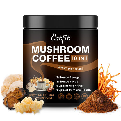 Catfit Mushroom Coffee Powder – 10-Mushroom Blend with Lion’s Mane, Chaga, Cordyceps, L-Theanine | 50 Servings