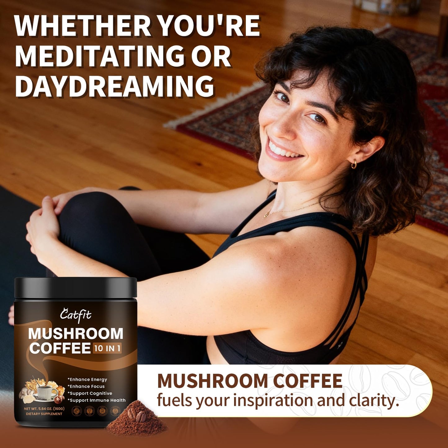 Catfit Mushroom Coffee Powder – 10-Mushroom Blend with Lion’s Mane, Chaga, Cordyceps, L-Theanine | 50 Servings