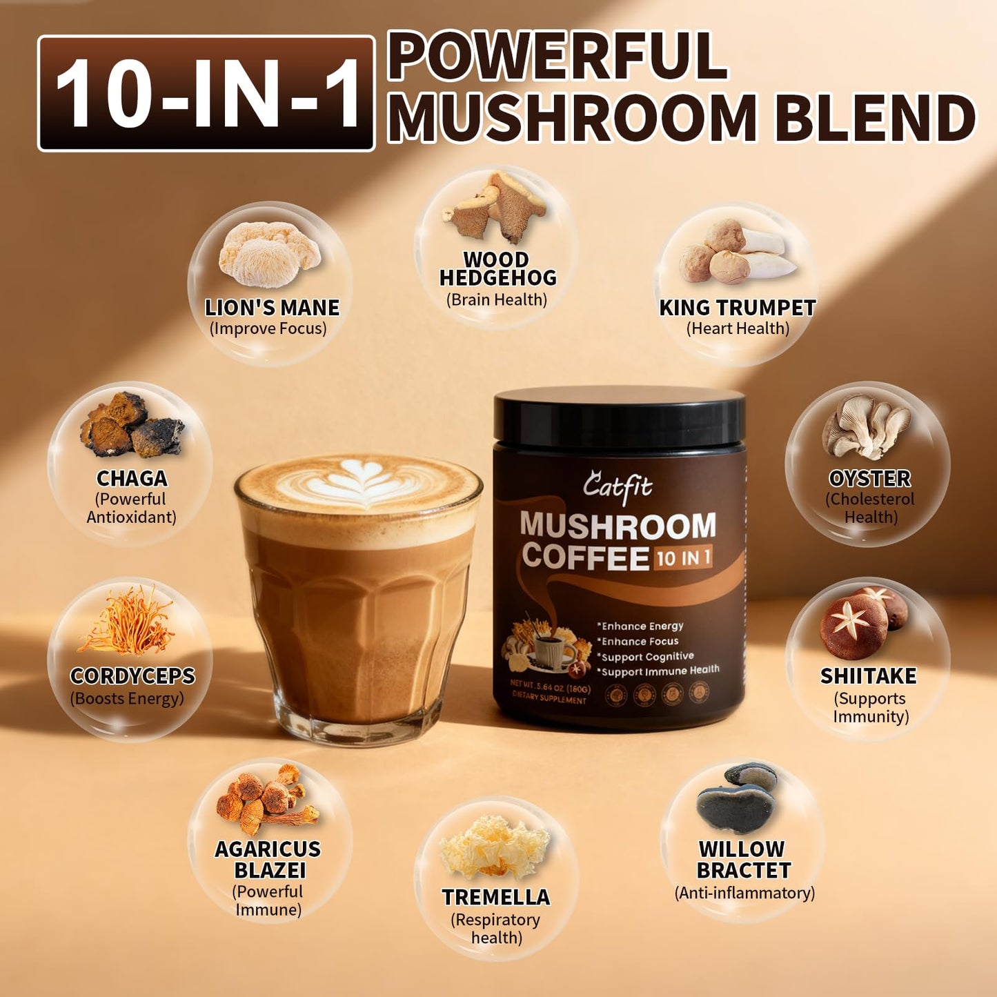 Catfit Mushroom Coffee Powder — 10-Mushroom Blend with Lion's Mane, Chaga, Cordyceps | 37 Servings