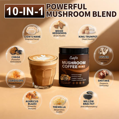 Catfit Mushroom Coffee Powder — 10-Mushroom Blend with Lion's Mane, Chaga, Cordyceps | 37 Servings