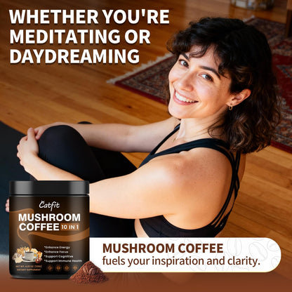 Catfit Mushroom Coffee Powder — 10-Mushroom Blend with Lion's Mane, Chaga, Cordyceps | 37 Servings