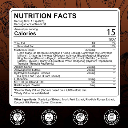 Catfit Mushroom Coffee Powder — 10-Mushroom Blend with Lion's Mane, Chaga, Cordyceps | 37 Servings