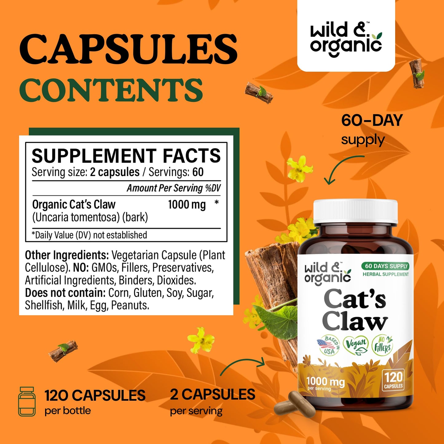 Wild & Organic Cat's Claw Capsules 1000 mg – 60 Day Immune Support