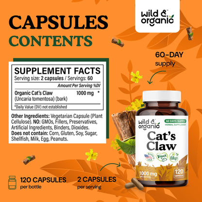 Wild & Organic Cat's Claw Capsules 1000 mg – 60 Day Immune Support