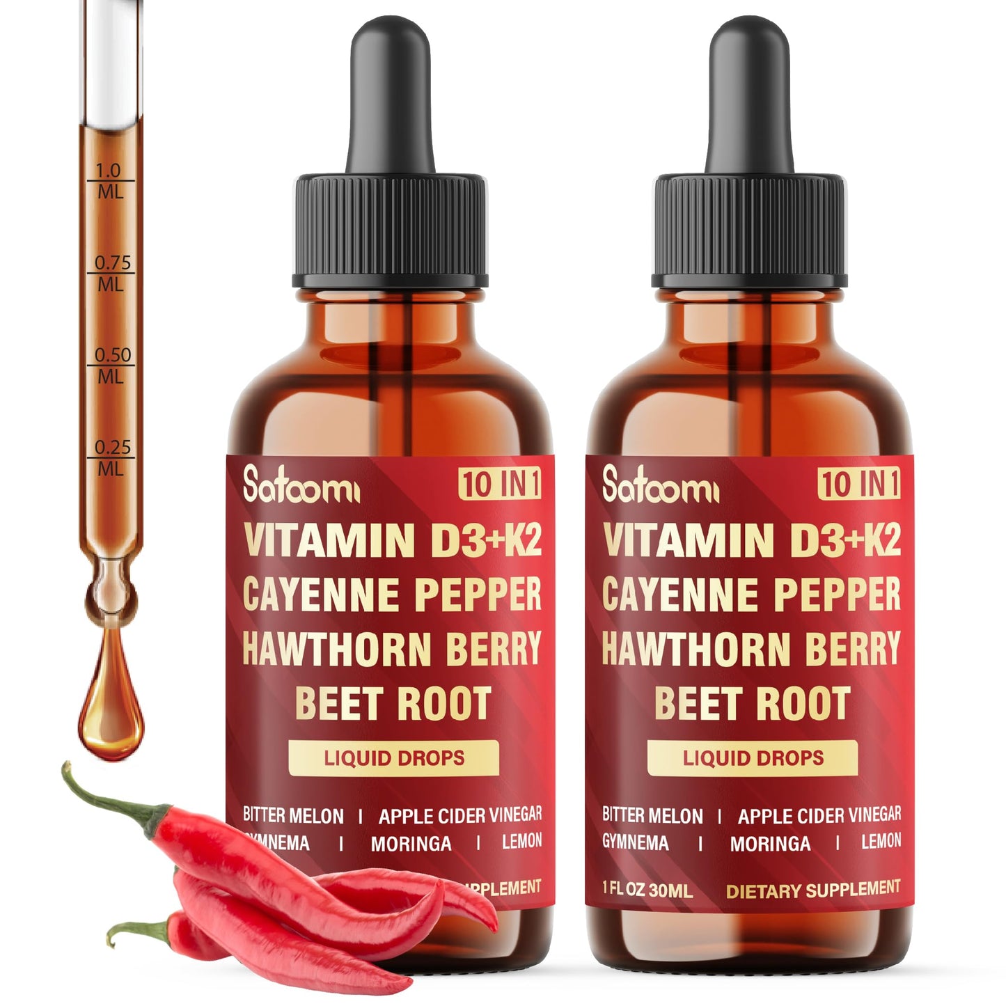 2 Packs of 30ml Cayenne Pepper Drops with D3 & K2 – Digestion Support (120 Day Supply)