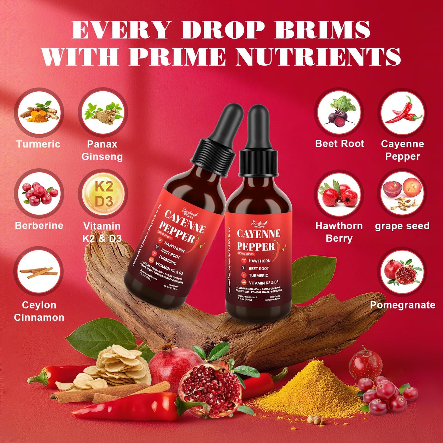 Premium Cayenne Pepper Drops Supplement with Hawthorn, Beet Root, Turmeric, Vitamin K2 & D3, Ginseng, Ceylon Cinnamon – Capsaicin Supplements for Wellness Support - 4 OZ