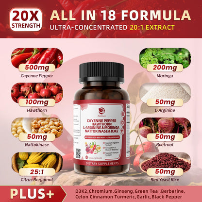 Cayenne Pepper Enteric-Coated Capsules – 18-in-1 Complex (90 Ct) with Moringa, L-Arginine & D3K2 | Supports Circulation & Digestion