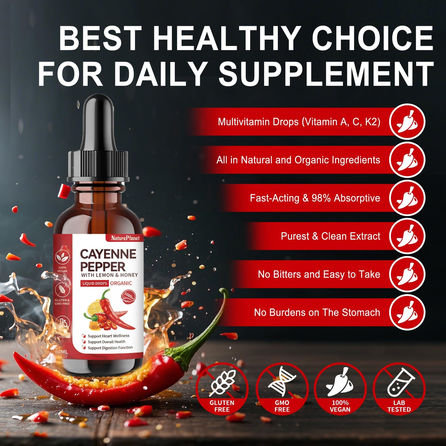 Cayenne Pepper Drops with Lemon & Honey – Vascu Flow with A, C & K2 | Heart Health | Vegan, Gluten-Free, Organic | 60 ml