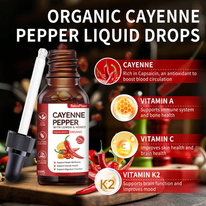 Cayenne Pepper Drops with Lemon & Honey – Vascu Flow with A, C & K2 | Heart Health | Vegan, Gluten-Free, Organic | 60 ml